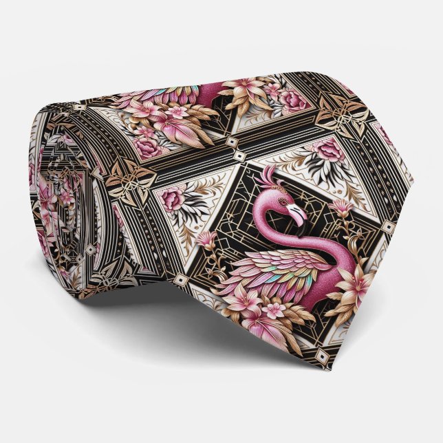 Gravata Arte Retro Art Deco Flamingos Rosa (Rolled)