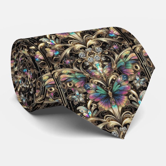 Gravata Arte Retro Deco Borboleta Arco-Íris Nouveau (Rolled)