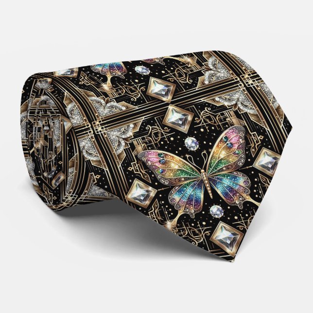 Gravata Arte Retro Deco Borboleta Arco-Íris Nouveau (Rolled)