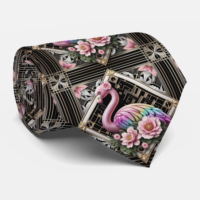 Gravata Arte Retro Deco Flamingos Rosa (Rolled)
