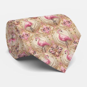 Gravata Arte Retro Decó Flamingos Rosa