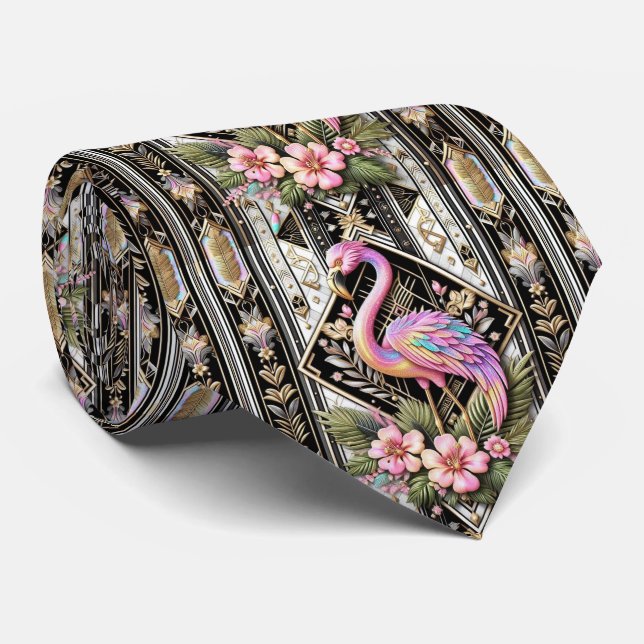 Gravata Arte Retro Deco Flamingos Rosa (Rolled)