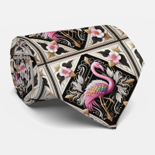 Gravata Arte Retro Decó Flamingos Rosa