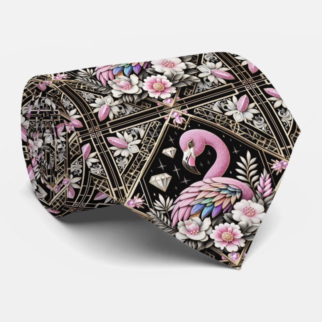 Gravata Arte Retro Deco Flamingos Rosa (Rolled)