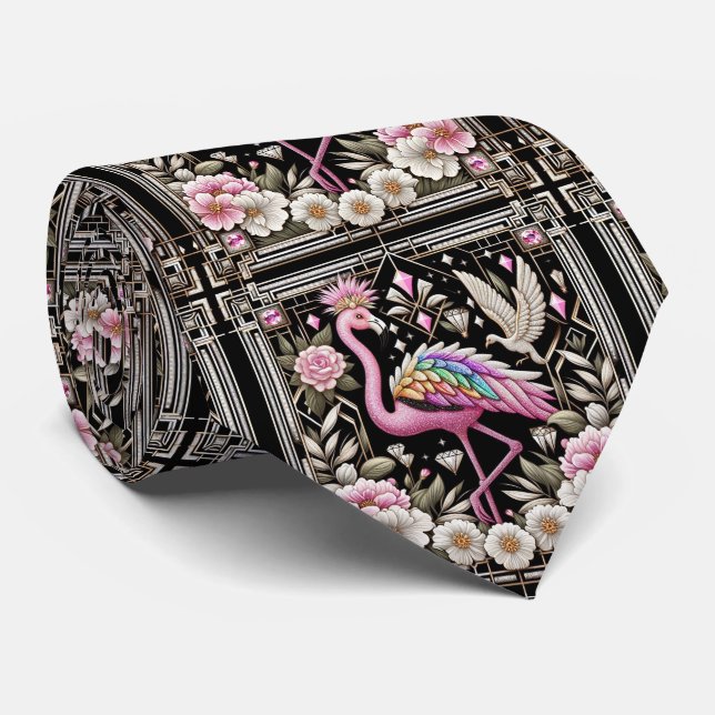 Gravata Arte Retro Decó Flamingos Rosa (Rolled)