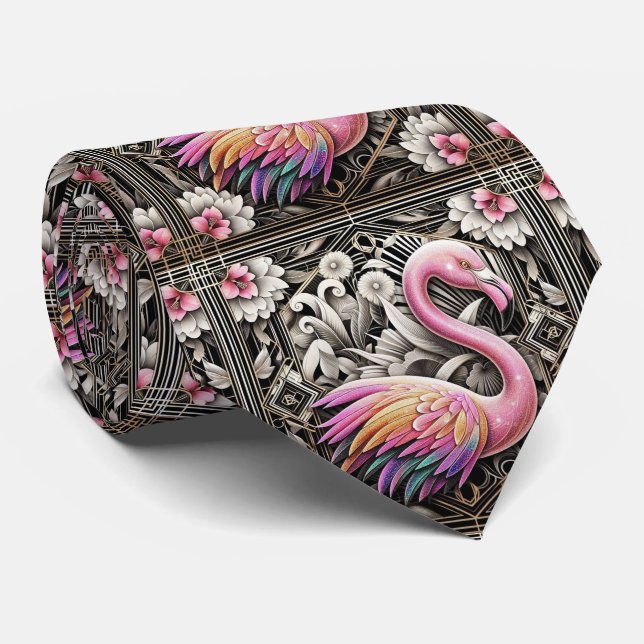 Gravata Arte Retro Deco Flamingos Rosa (Rolled)