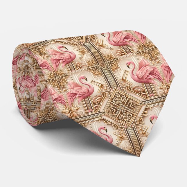 Gravata Arte Retro Decó Flamingos Rosa (Rolled)