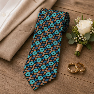 Gravata Arte Tribal Única Água Turquesa Azul Marrom