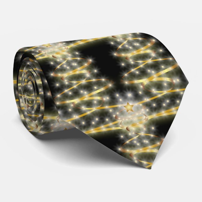 Gravata Árvore de Natal com Redemoinho Preto e Dourado Fes (Rolled)