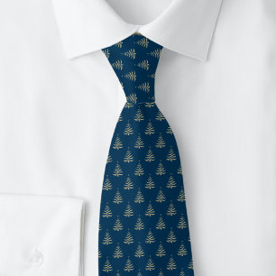 Gravata Árvores de Natal Douradas em Azul