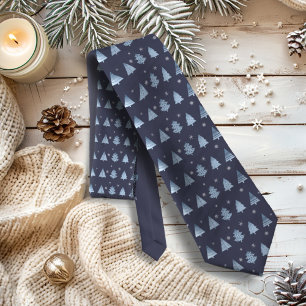Gravata Árvores de Natal e Flocos de Neve Padrão Azul ID
