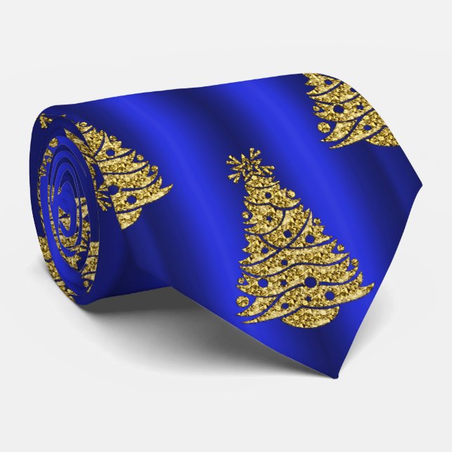 Gravata Árvores de Natal ouro em Azul (Rolled)