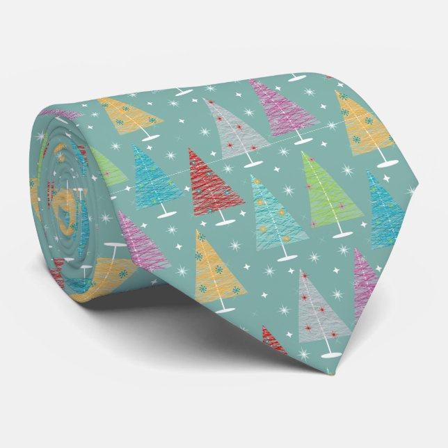 Gravata Árvores de Natal Retro Verde Azul (Rolled)