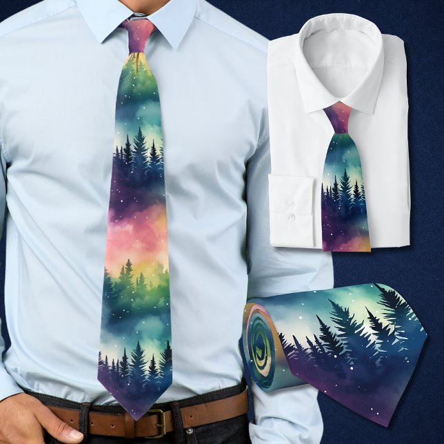 Gravata Aurora Borealis Luzes de Norte de Pinheiros (This northern lights tie with its pastel skies and pines is perfect for the holidays and winter time)