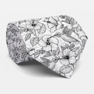 Gravata Aves e flores de hibisco b&w