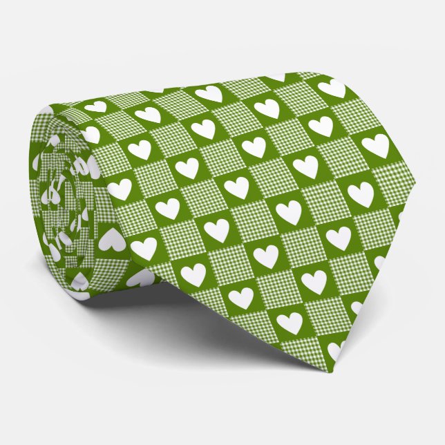 Gravata Avocado Green Gingham Heart Patch Plaid Neck Tie (Rolled)