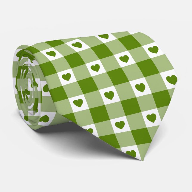 Gravata Avocado Green Heart Plaid Gingham Retro Neck Tie (Rolled)