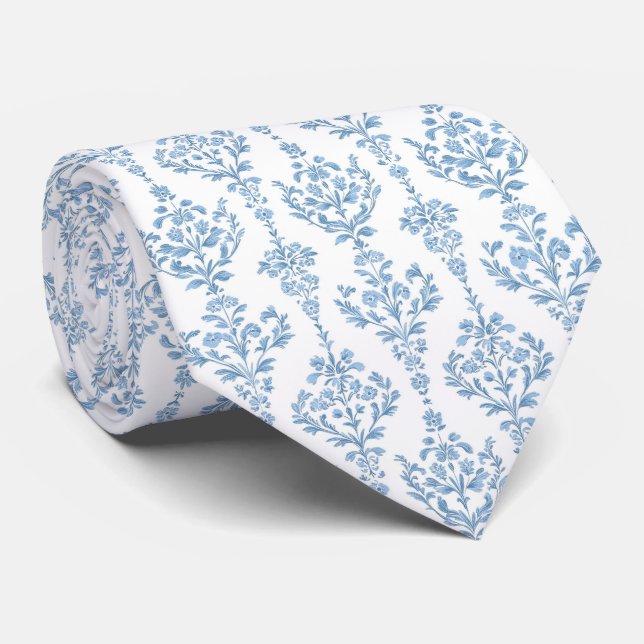 Gravata azul branca com padrão floral (Rolled)