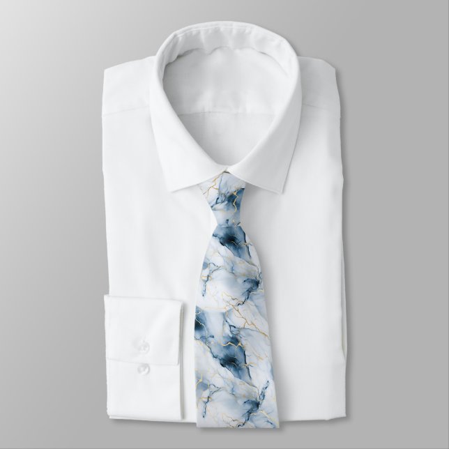 Gravata Azul Branco Dourado Mármore Formal Casamen (Amarrado)