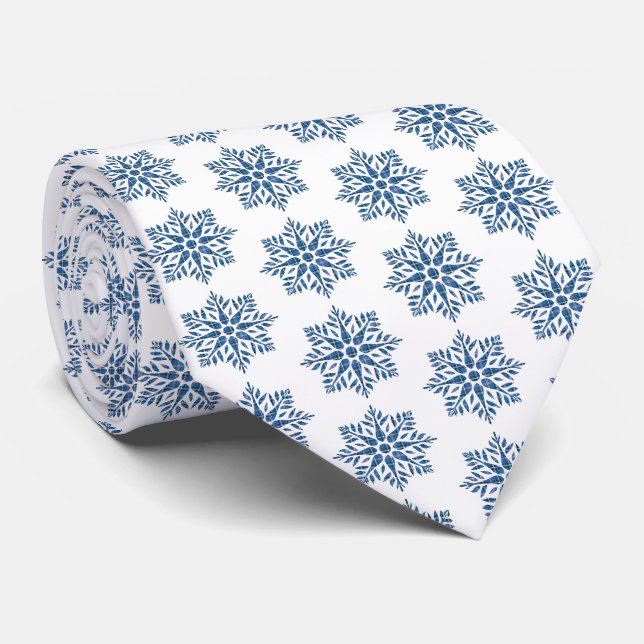 Gravata Azul com Estampa Xadrez de Flocos de Neve  (Rolled)