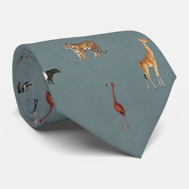 Gravata Azul com Padrão de Animais da Selva (Rolled)