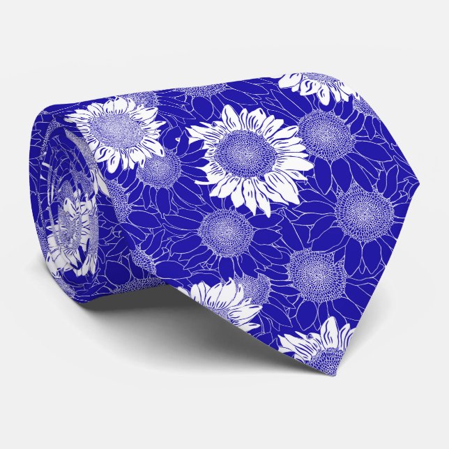 Gravata Azul De Girassol E Branco (Rolled)