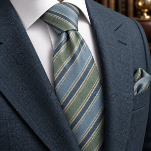 Gravata Azul de Jeans Desbotado e Listra Ousada em Verde S