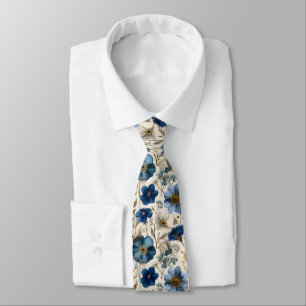 Gravata Azul de Primavera e Flores Florais Creme