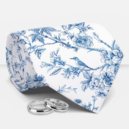 Gravata Azul e Branco Chinoiserie Floral Aves