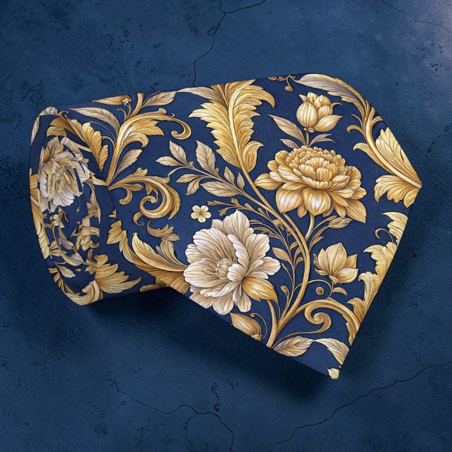 Gravata Azul e Dourada com Estampa Floral em Damas (Criador carregado)