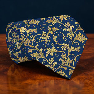 Gravata Azul e Dourada com Estampa Floral Personal