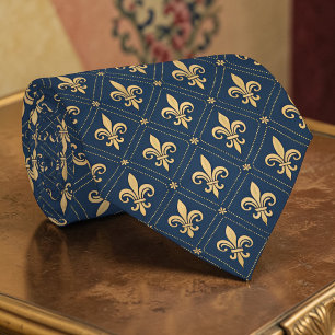 Gravata Azul e Dourada com Flor de Lis Personaliza