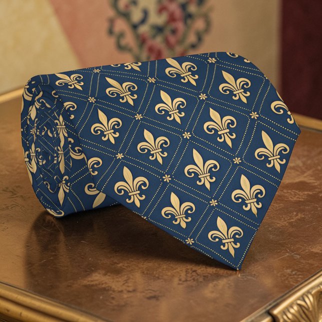 Gravata Azul e Dourada com Flor de Lis Personaliza (Criador carregado)