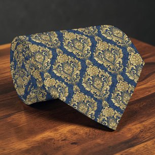 Gravata azul e dourada de damasco personalizada