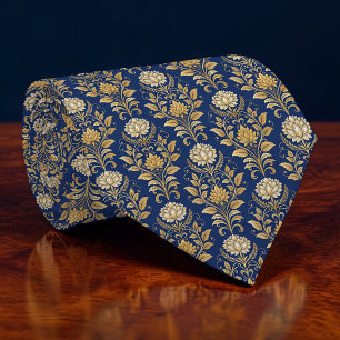 Gravata Azul e Dourada em Damasco Personalizada