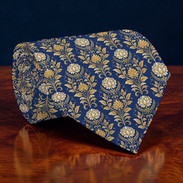 Gravata Azul e Dourada em Damasco Personalizada (Criador carregado)
