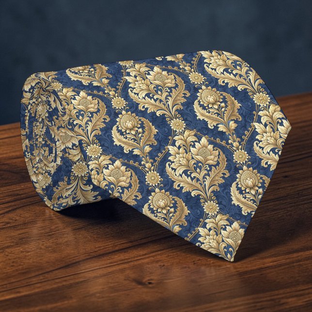 Gravata Azul e Dourada em Damasco Personalizada (Criador carregado)