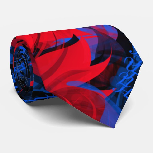 Gravata Azul Elétrico Vermelho Padrão Abstrato (Rolled)
