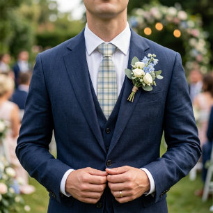 Gravata Azul Empoeirado e Xadrez Verde Sálvia Casamento Pr