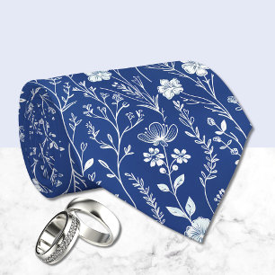 Gravata Azul Escuro e Branco Chinoiserie Floral