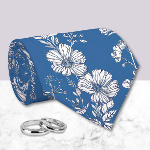 Gravata Azul Escuro e Branco Chinoiserie Floral