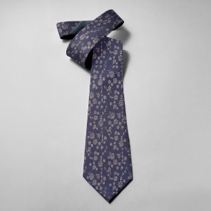 Gravata Azul Escuro Floral Vintage Flor Impressa Casamento