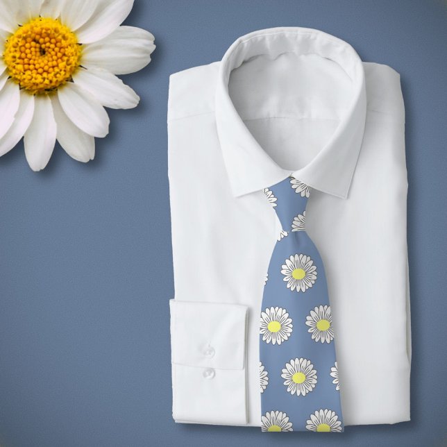 Gravata Azul Flor de Pastel Daisy Botânico (Daisy Flower Blue Neck Tie)