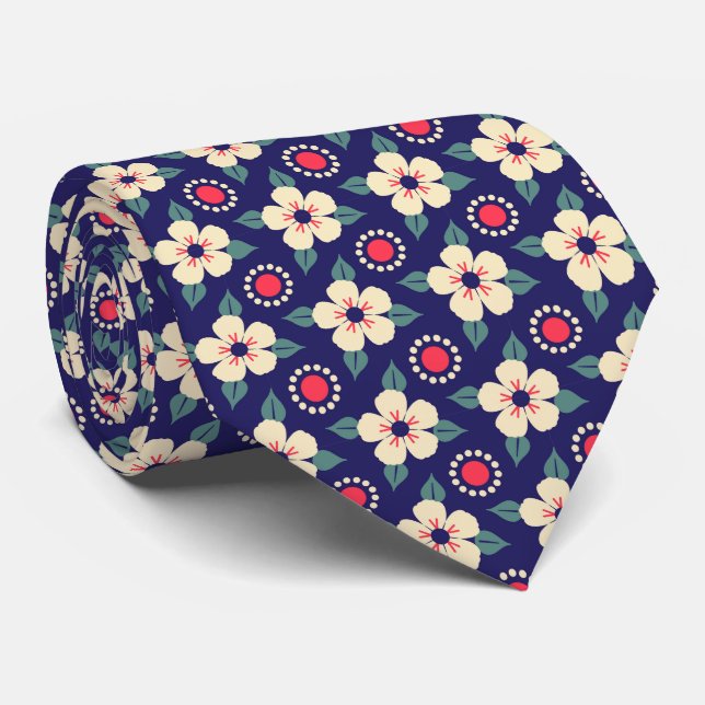 Gravata Azul Floral Marinho  (Rolled)