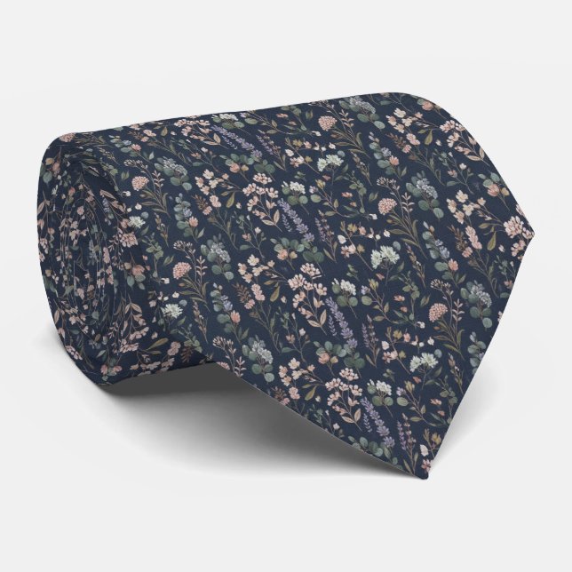 Gravata Azul Floral Navy  (Rolled)