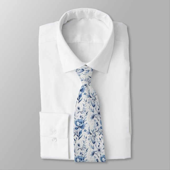Gravata Azul Floral Toile Branca para Noivo e Padr (Amarrado)