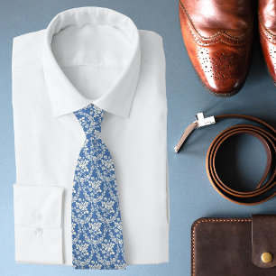 Gravata Azul Francês Branco Padrão Floral Botânico Chic