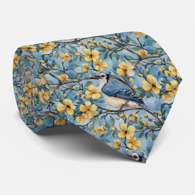 Gravata Azul Gaio Em Flores Amarelas (Rolled)