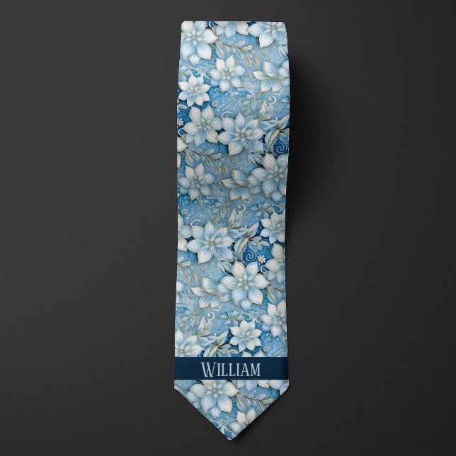 Gravata Azul gelado, branco e Dourado Floral (Criador carregado)