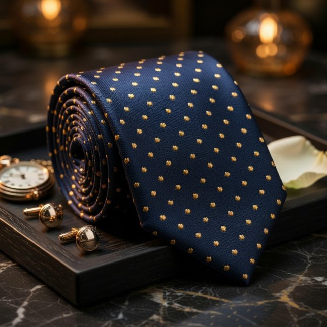 Gravata Azul Marinho Clássico com Bolinhas Douradas Elegan (Criador carregado)